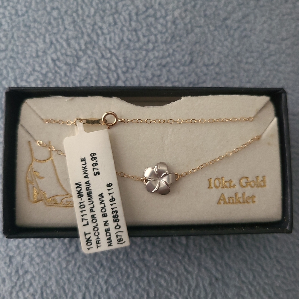 Tri-color Plumeria Ankle Bracelet 10k